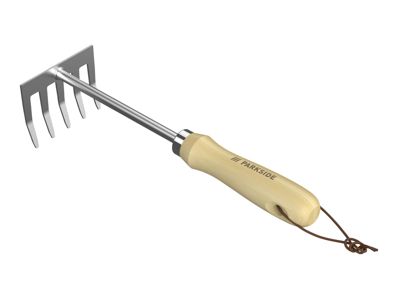 A small garden rake with a silver head and a light wooden handle, featuring a brown leather loop.