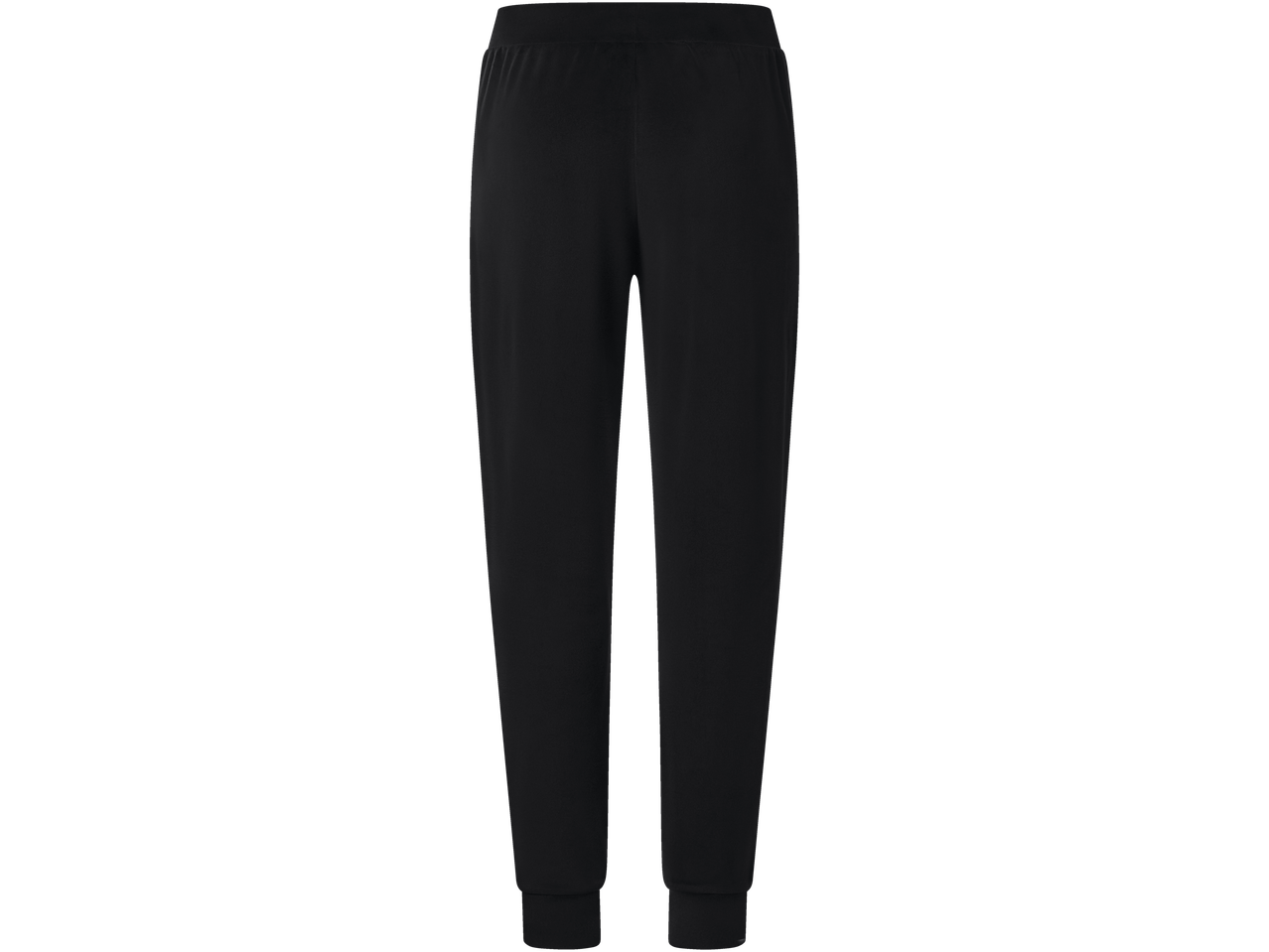 Melnas sieviešu sporta bikses ar elastīgu jostasvietu un aprocēm.