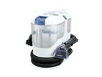 White and blue spot cleaner with a transparent water tank and hose attachment.