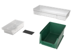 Caixa de arrumação Parkside com recipiente verde e divisórias transparentes.