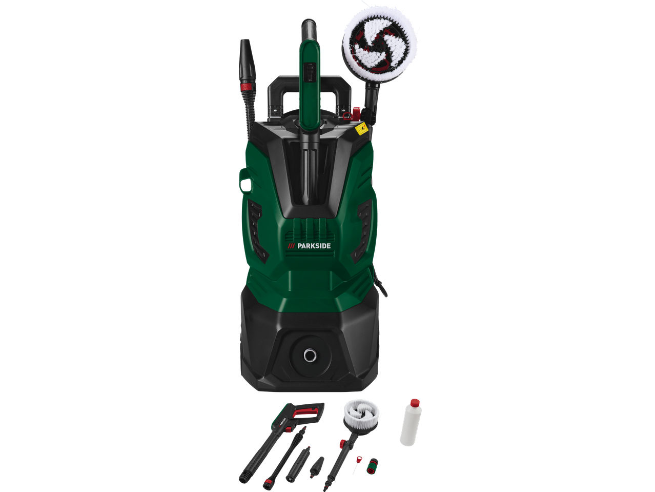 Högtryckstvätt med tillbehör som borstar, munstycken och rengöringsmedel.