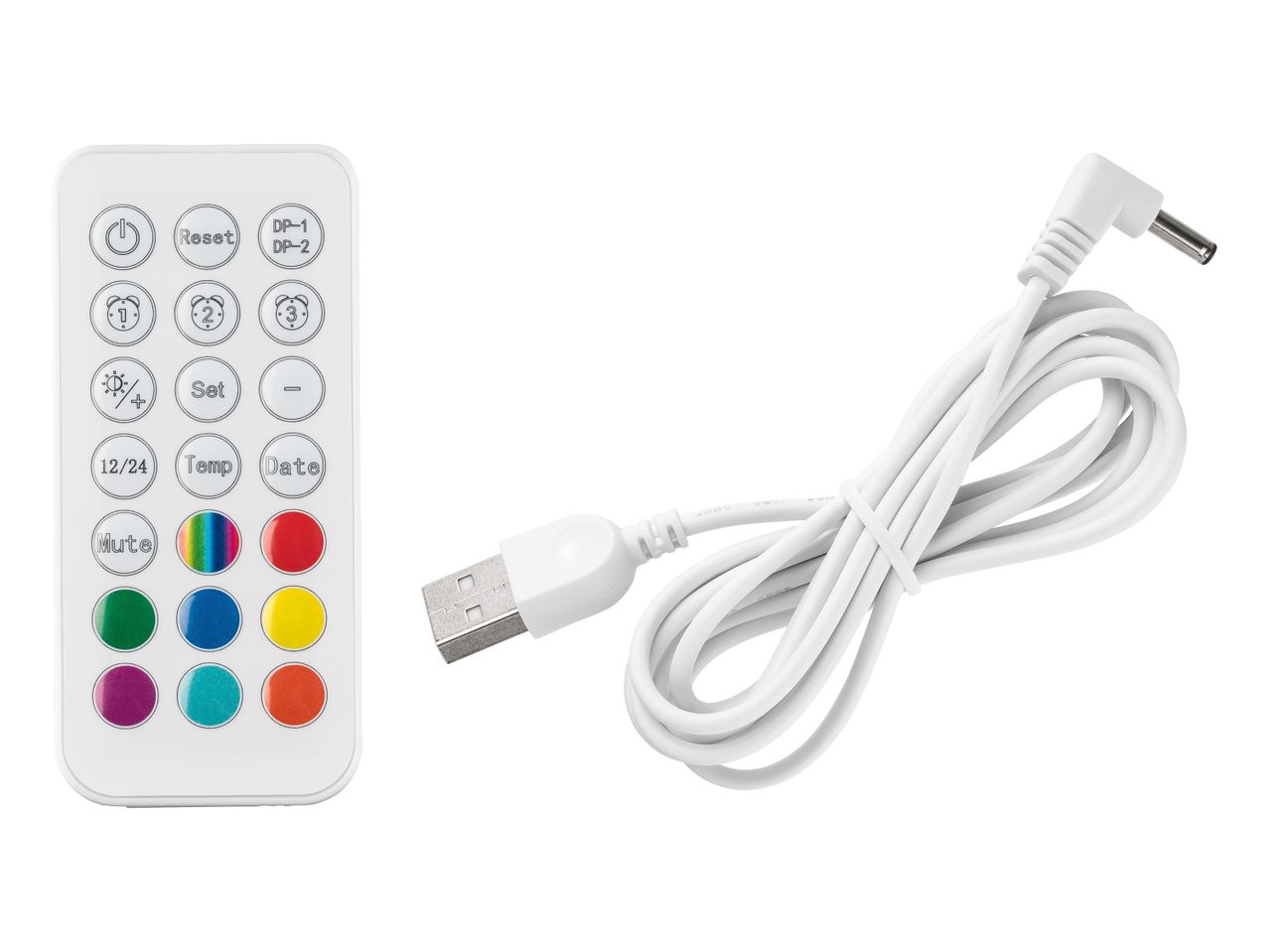 Fehér távirányító és USB kábel egy készletben.