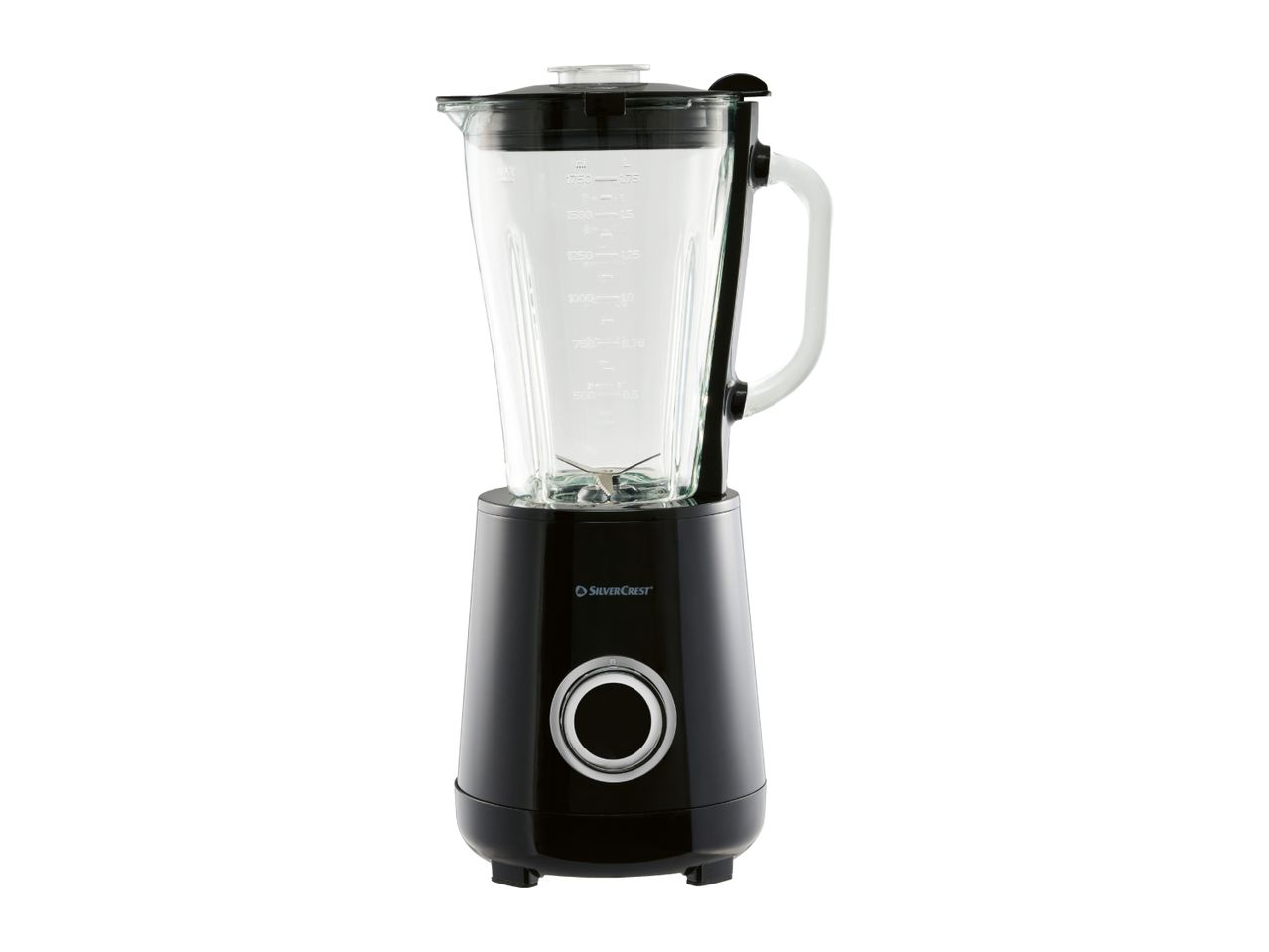 Black blender with a glass jug and measurement markings on a white background.