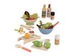 Wooden toy salad set with colander, bowl, vegetables, grater, peeler, oil, vinegar, salt, and pepper shakers.
