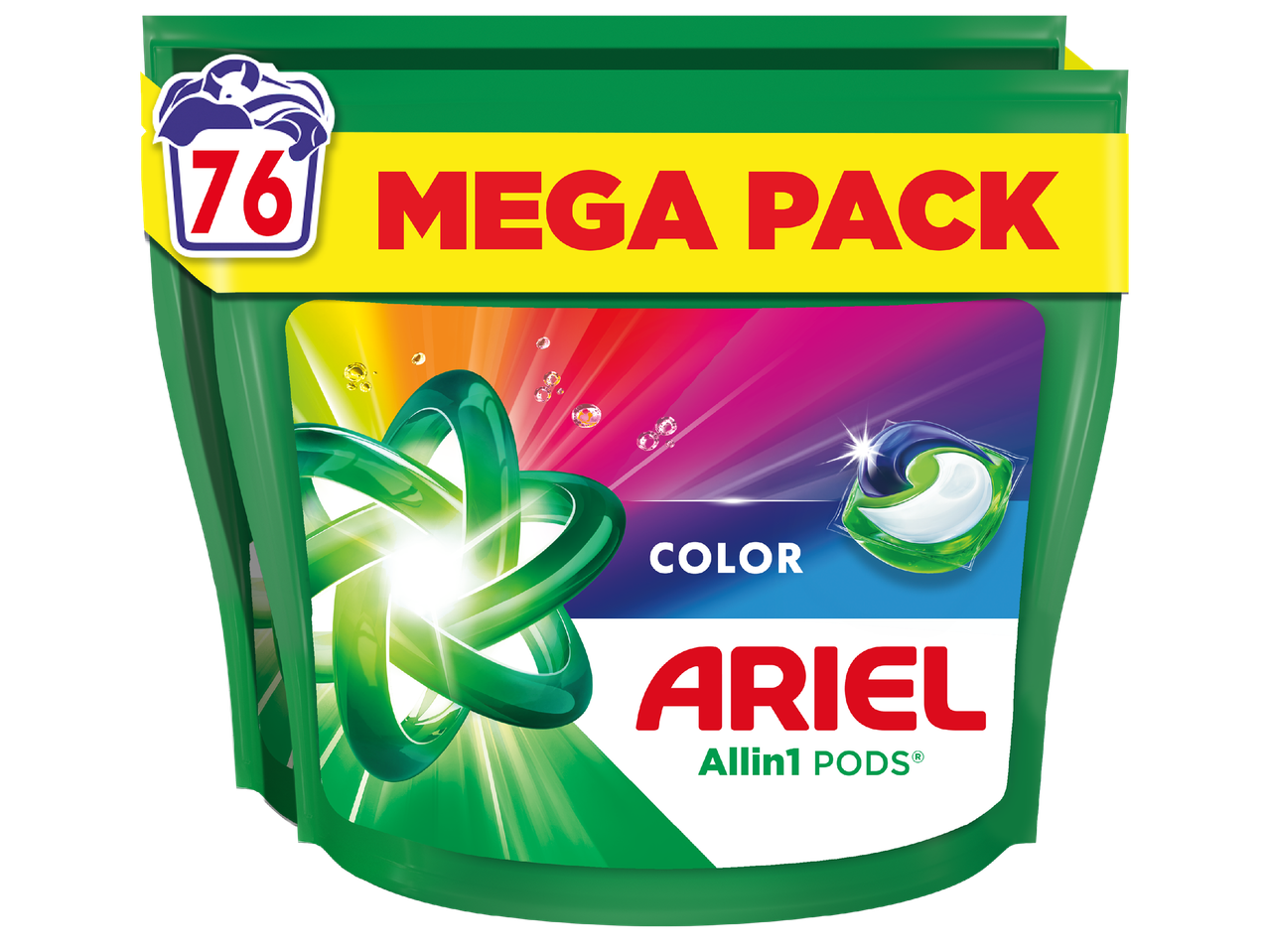 Зелена опаковка с 76 капсули за пране, с надпис „MEGA PACK COLOR“ и „Allin1 PODS“.