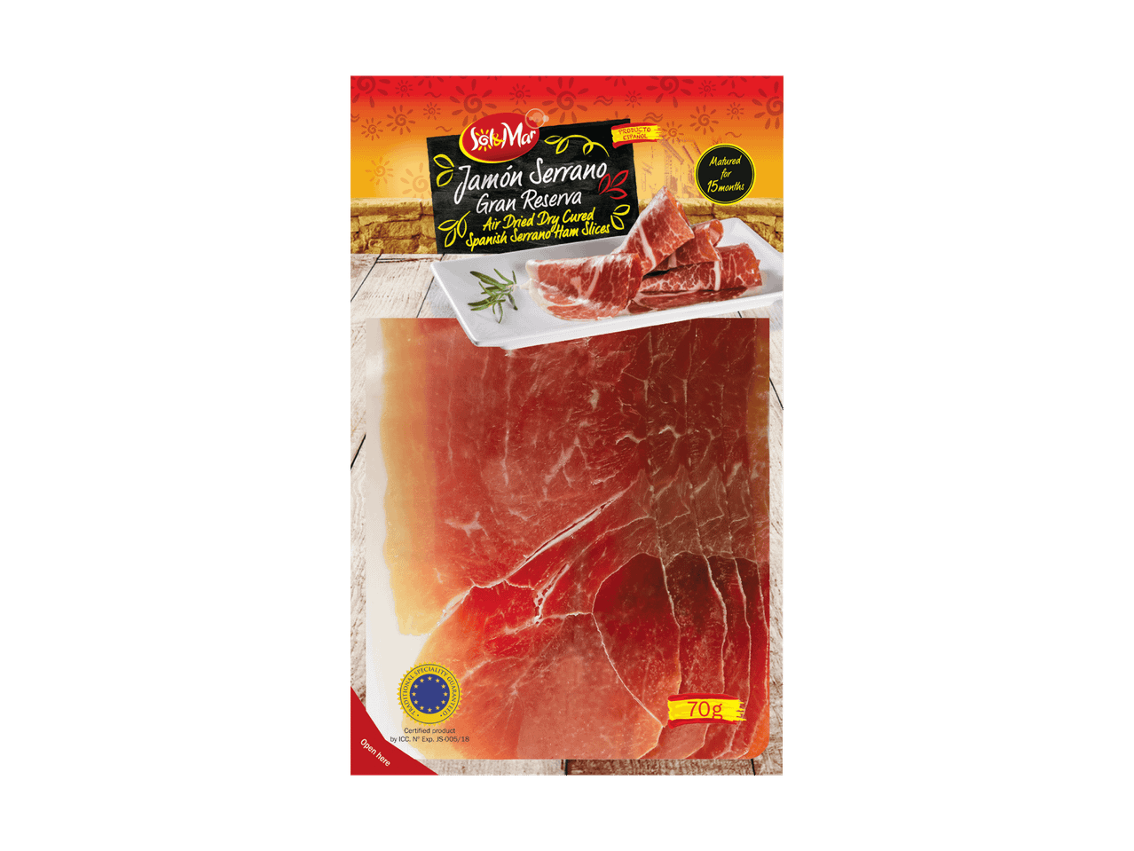 Packung Jamón Serrano Gran Reserva, 15 Monate gereift, 70g.