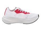 White and red athletic shoe with black and white laces