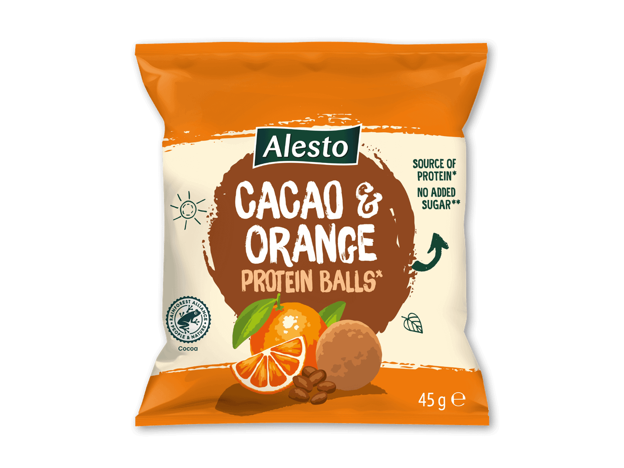 Pakke med kakao- og appelsinproteinbolde, kilde til protein, uden tilsat sukker.