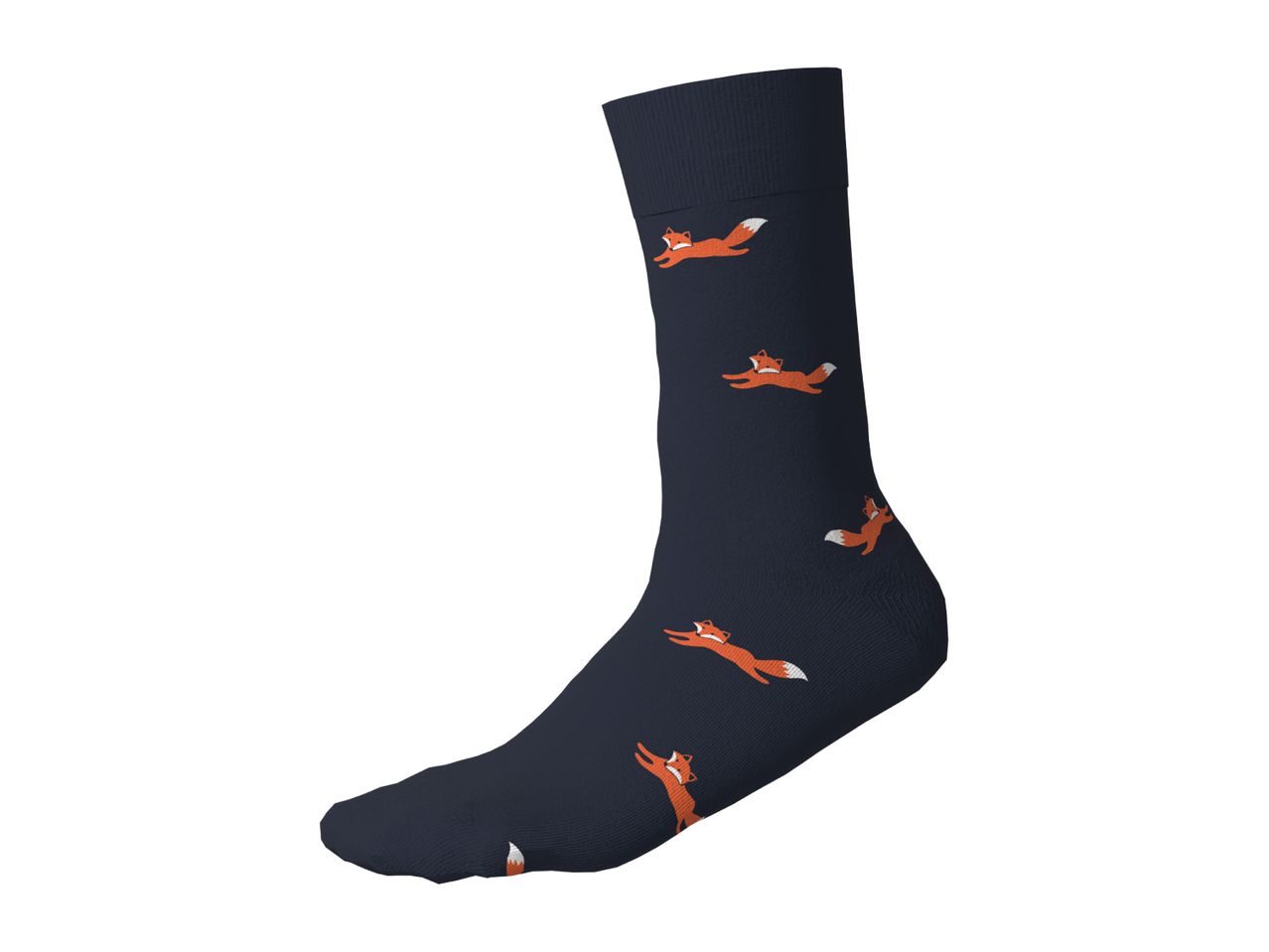 Dark blue sock with orange fox pattern