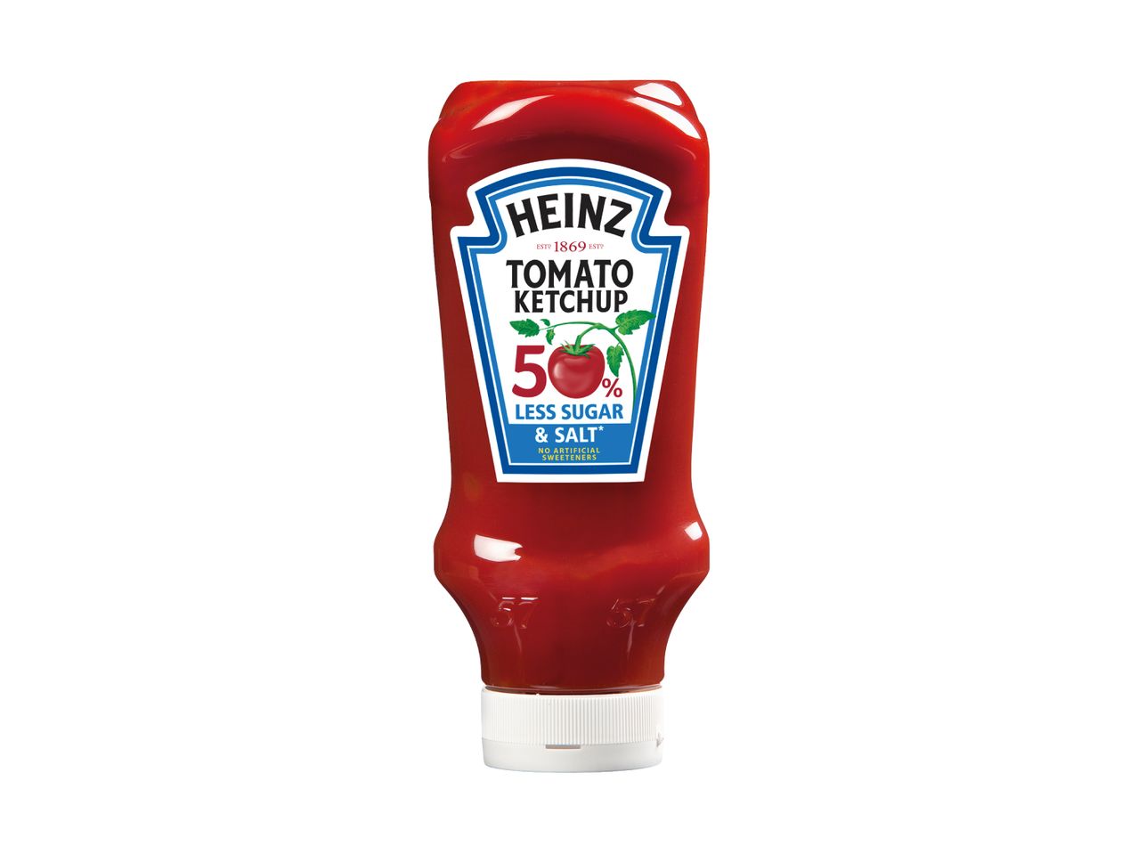 Tomato ketchup bottle with a label indicating 50% less sugar and salt.