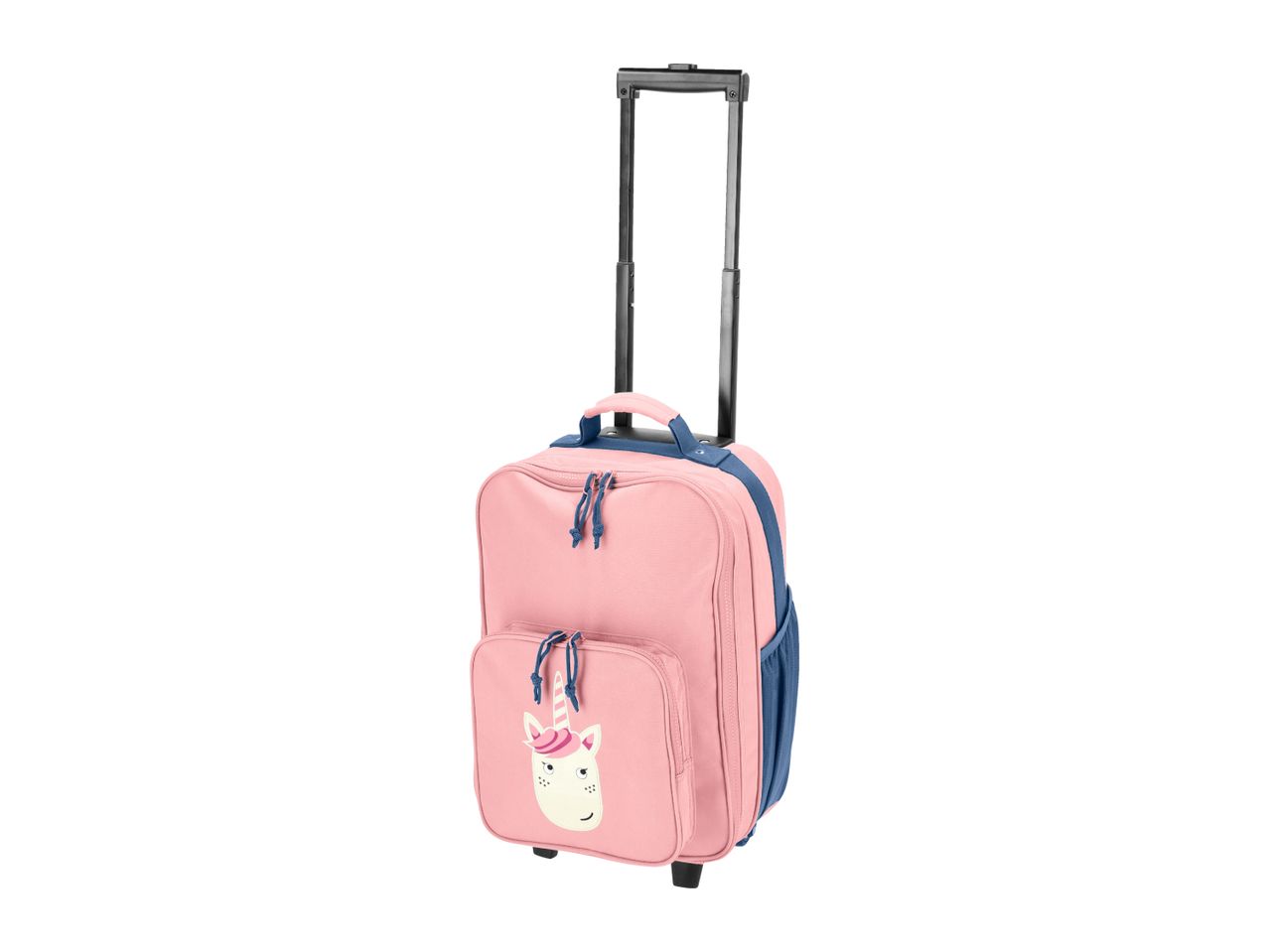 Pink children's trolley suitcase with a unicorn design and blue accents
