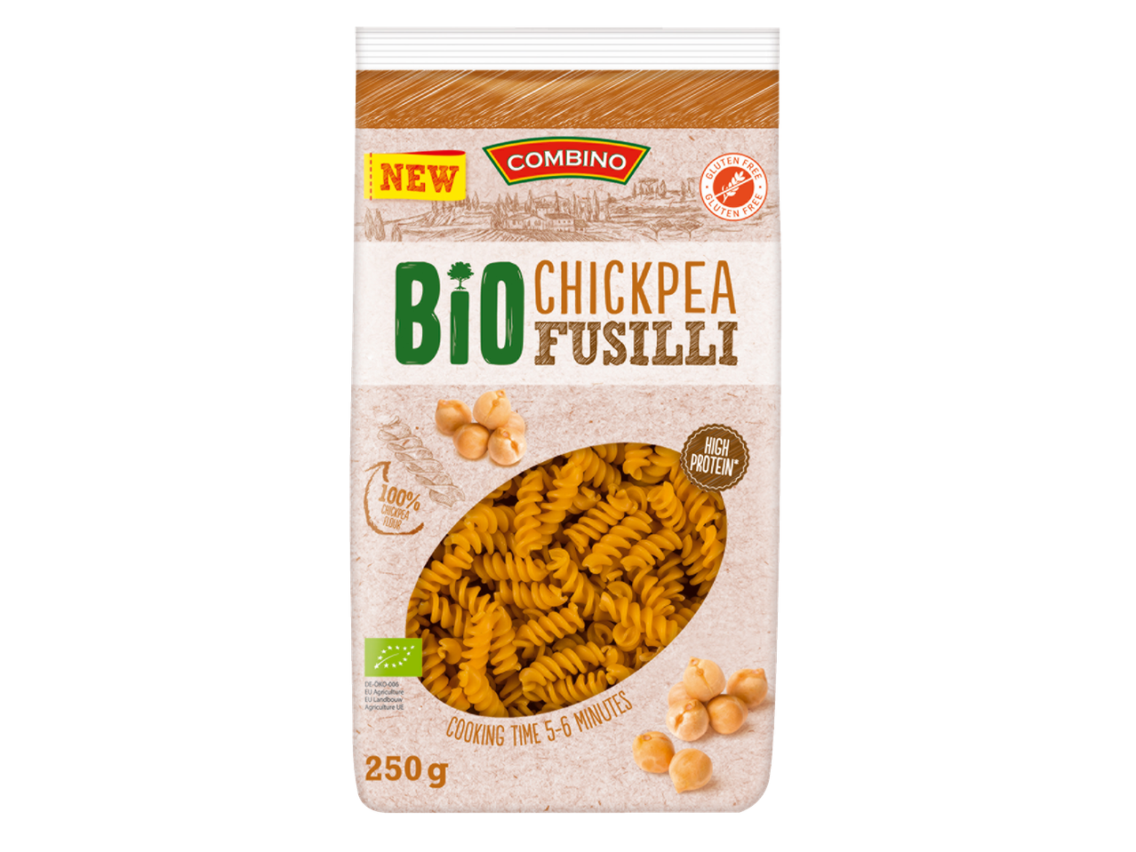 Combino Bio Kikkererwten Fusilli pasta, 250g, hoog eiwitgehalte, glutenvrij.