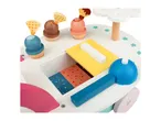 A wooden toy ice cream cart with colorful ice cream cones and toppings.