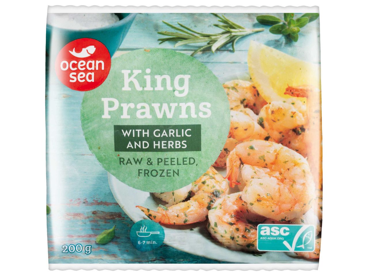 Ocean Sea King garnélarák fokhagymával és fűszernövényekkel, nyersen, hámozva és fagyasztva, 200g-os csomagban.