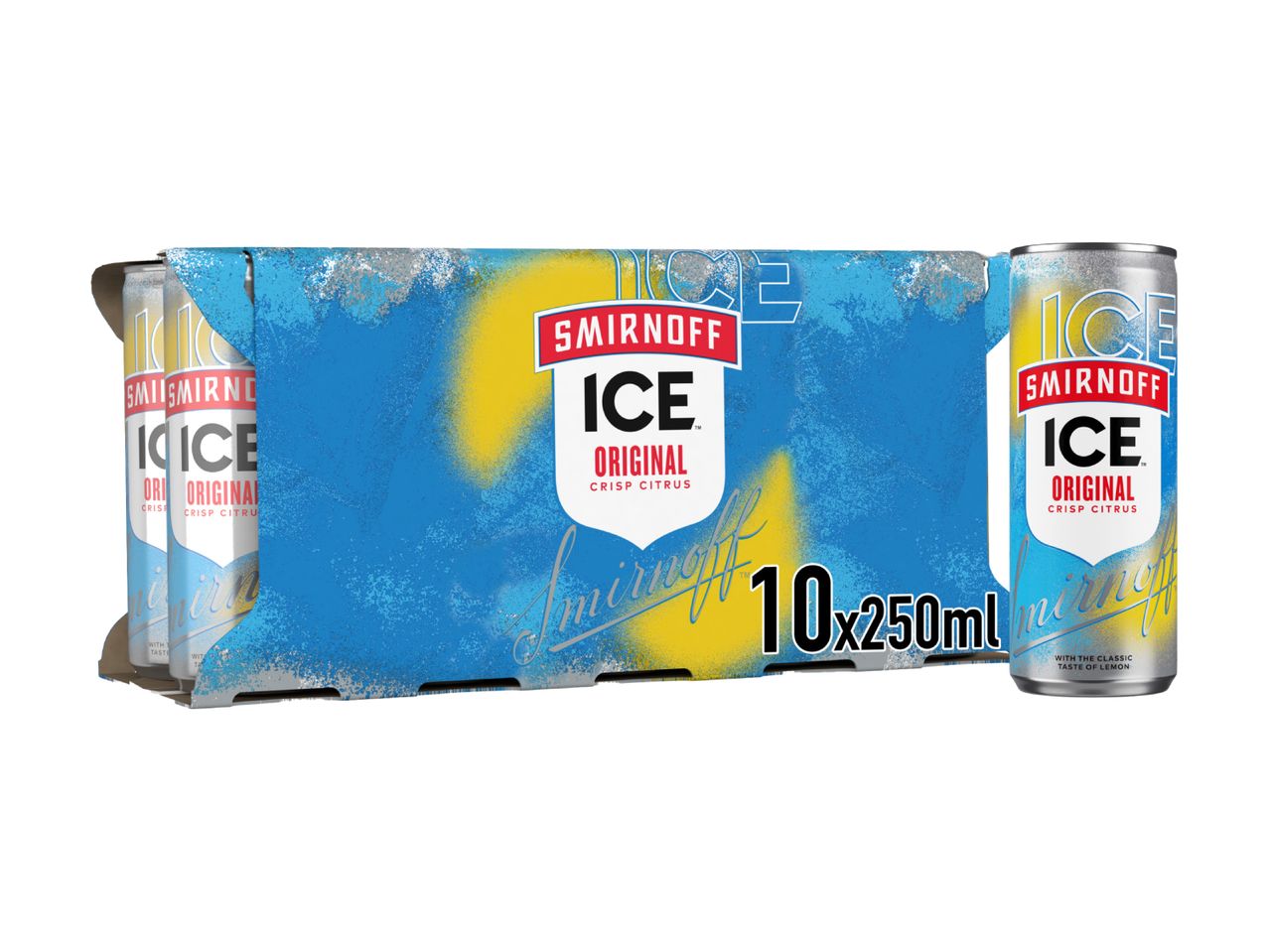 A 10-pack of crisp citrus-flavored alcoholic beverages in cans, with a blue and yellow design.