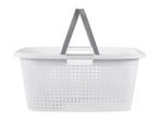 White plastic laundry basket with gray handles