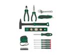 A collection of hand tools including pliers, a hammer, a spirit level, screwdrivers, a tape measure, and a utility knife.
