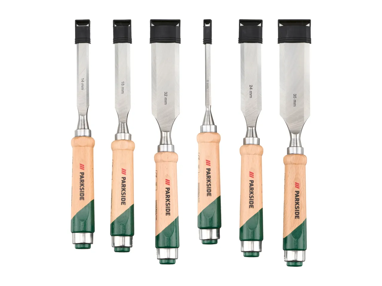 Six Parkside wood chisels of varying sizes are displayed against a white background.