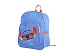 Blue backpack with a large image of Stitch wearing sunglasses and the word 'CAREFREE'.