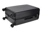 Black hard-shell suitcase with four double spinner wheels and a combination lock.