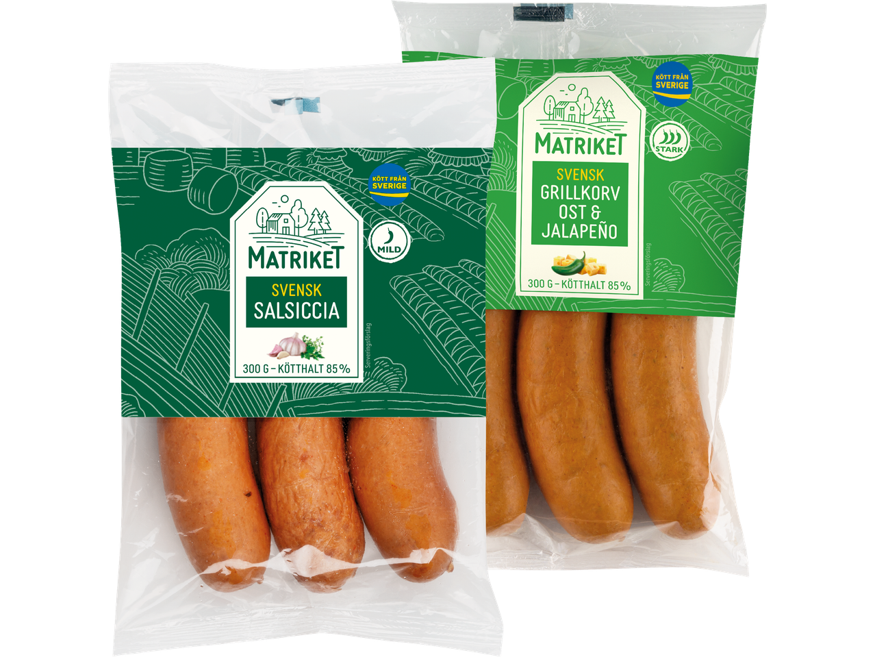 Två förpackningar Matrikets svenska korvar: mild salsiccia och stark grillkorv med ost och jalapeño.