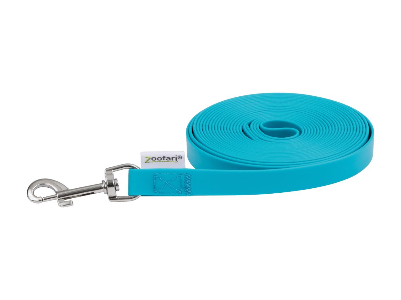 A turquoise ZooFari dog leash with a silver clip is coiled and ready for use.
