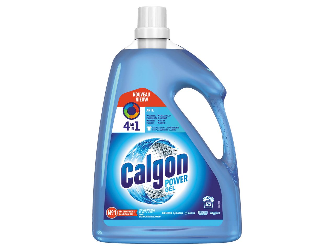 Bouteille de Calgon, produit de nettoyage pour lave-vaisselle.