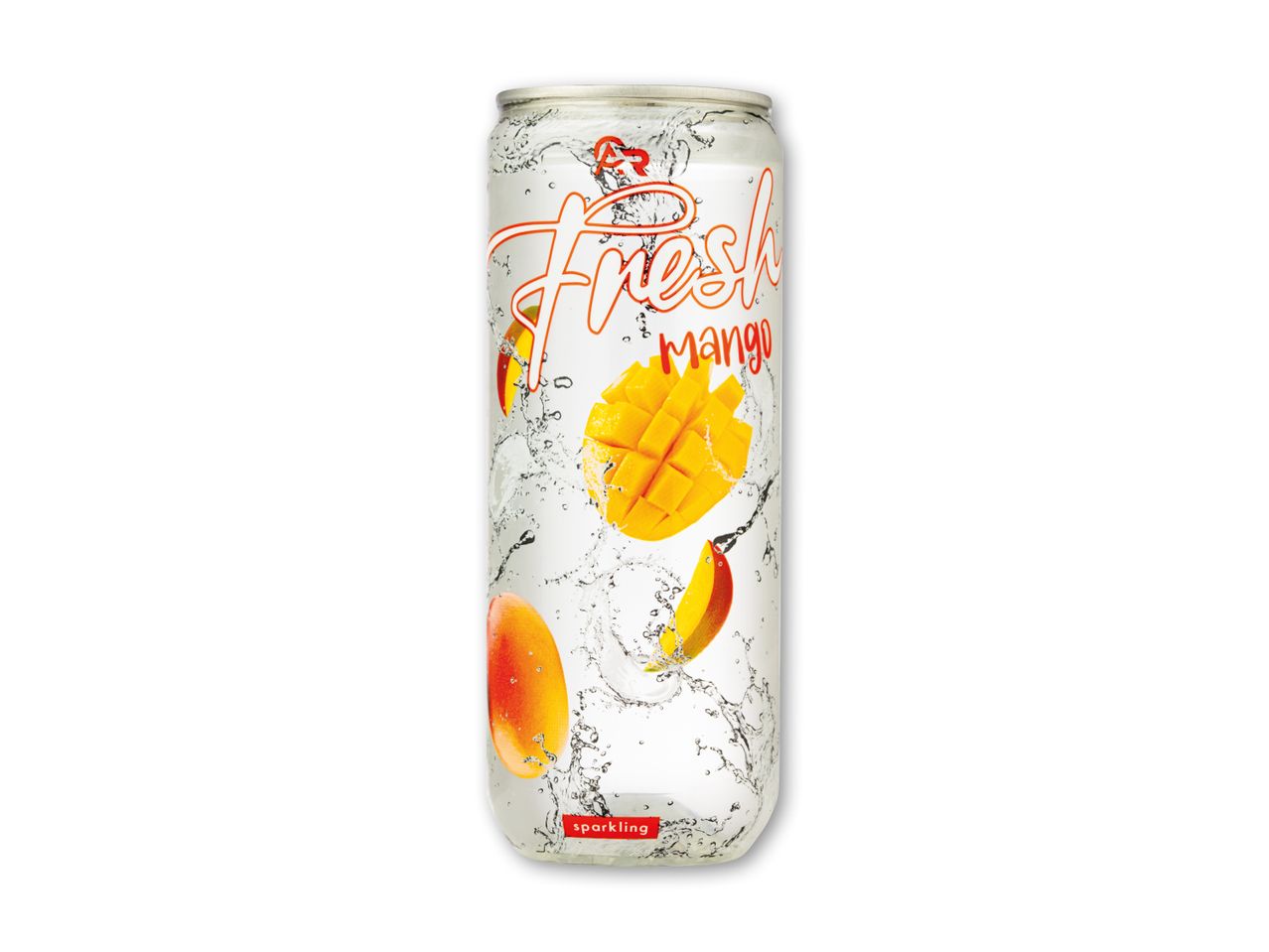 Hvid dåse med mousserende mangodrik med vandstænk og mangoillustrationer.