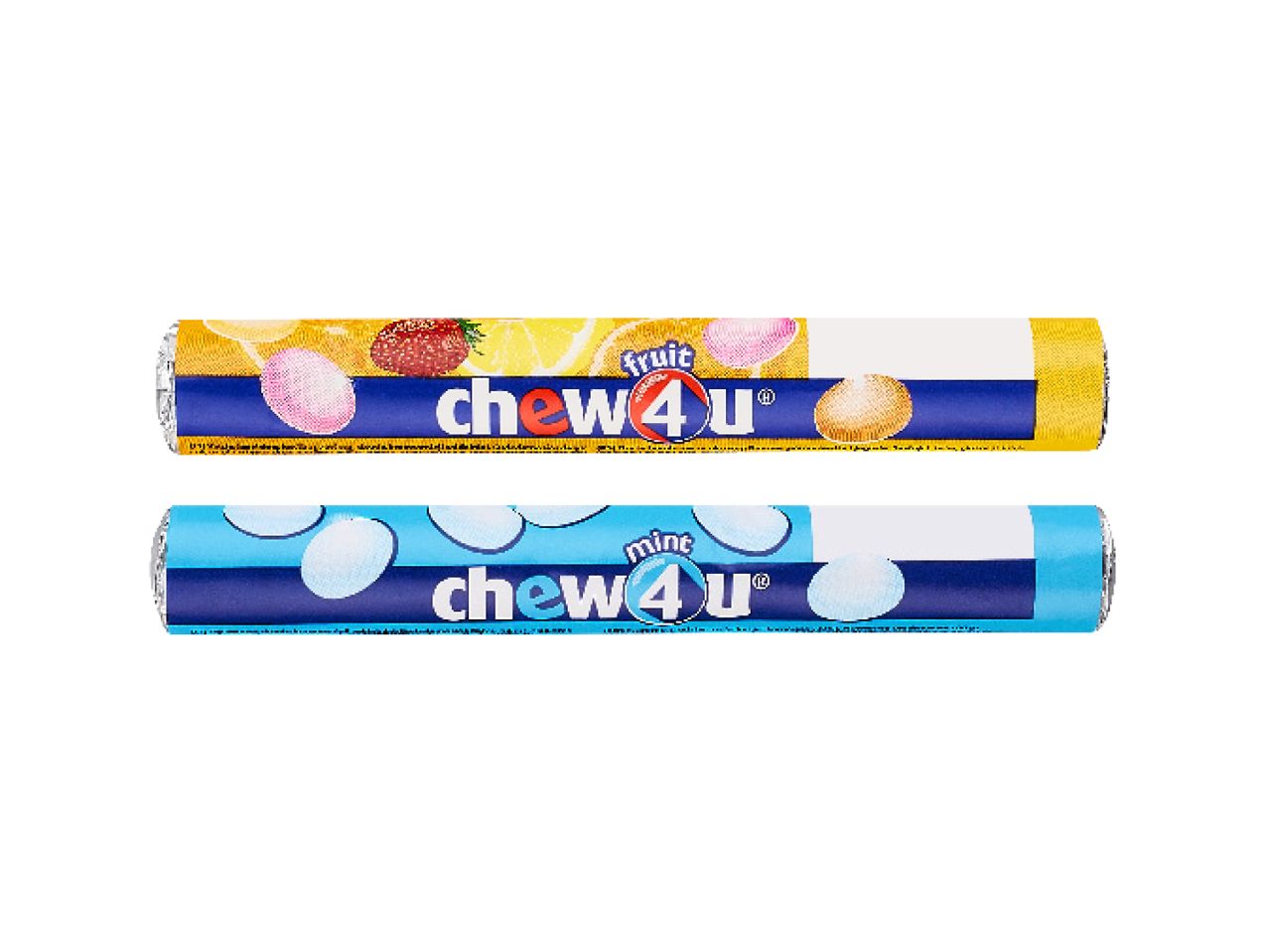 Dvi „Chew4U“ kramtomųjų saldainių pakuotės: vaisių ir mėtų skonio.