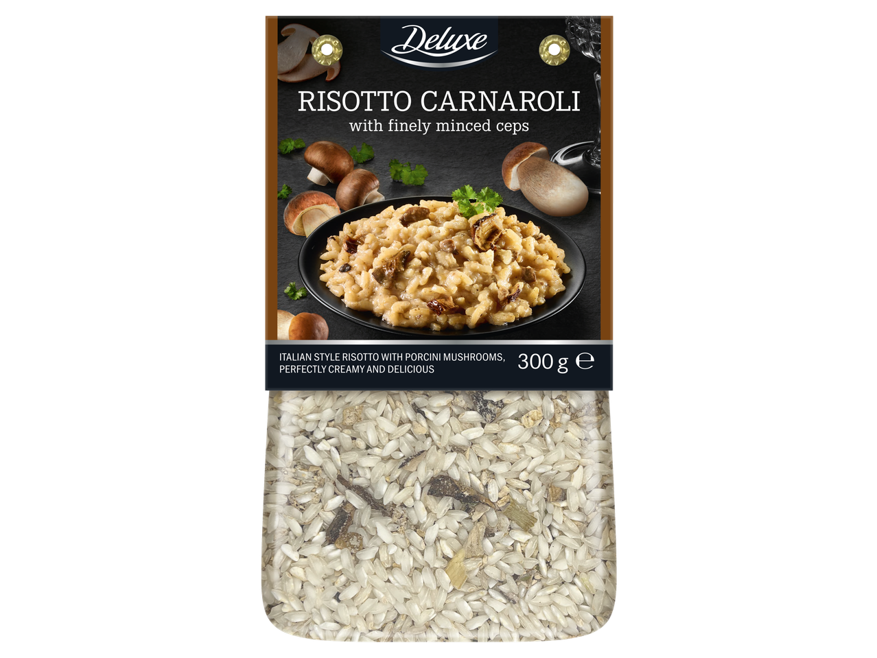 Deluxe Risotto Carnaroli ar baravikām, 300g iepakojums.