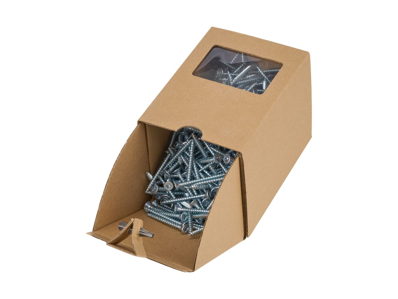 A cardboard box with a clear window showing a pile of screws inside.