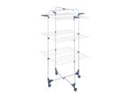 White and blue three-tier clothes drying rack with wheels.