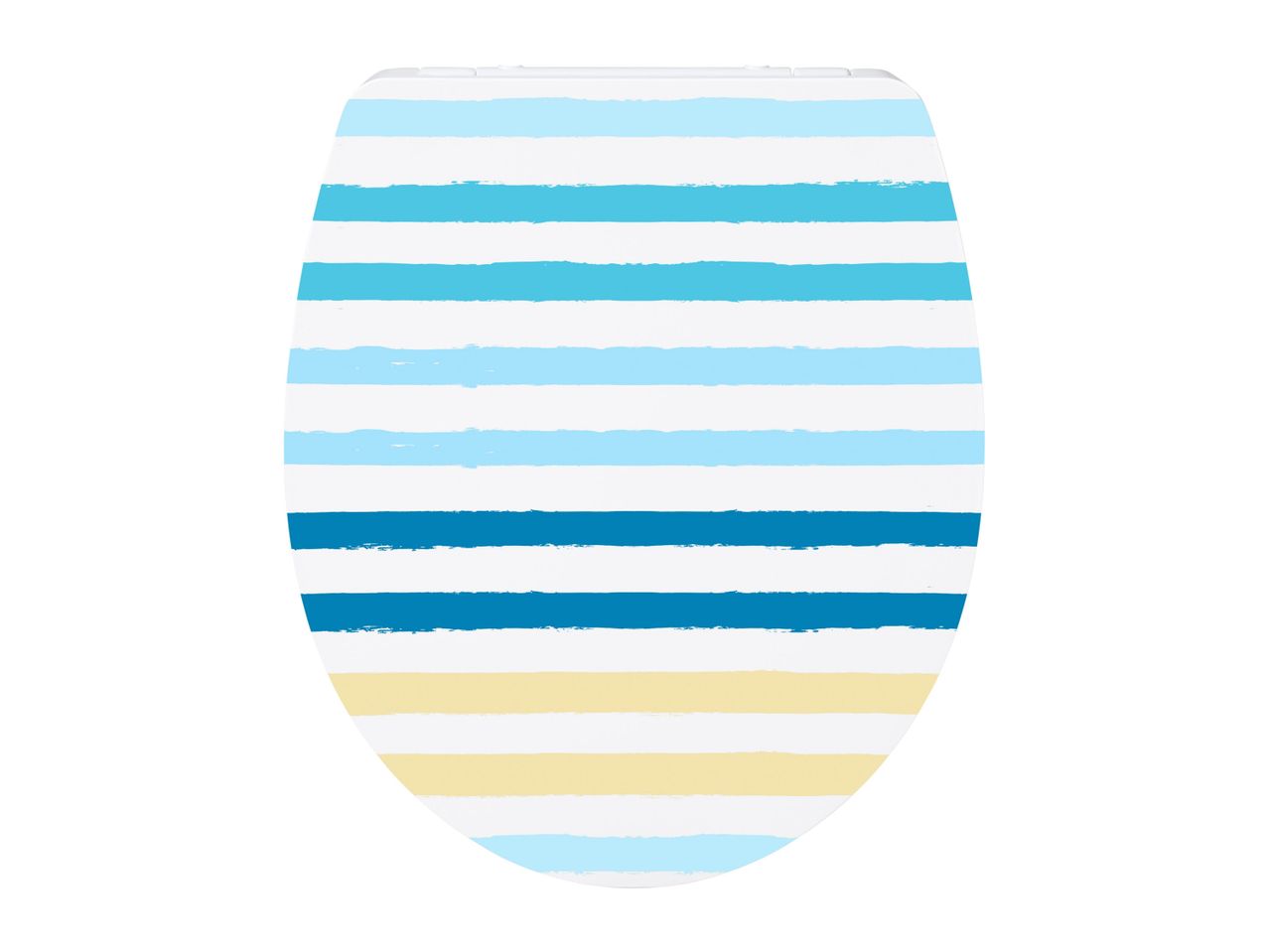 Oval toilet seat cover with horizontal blue and beige stripes.