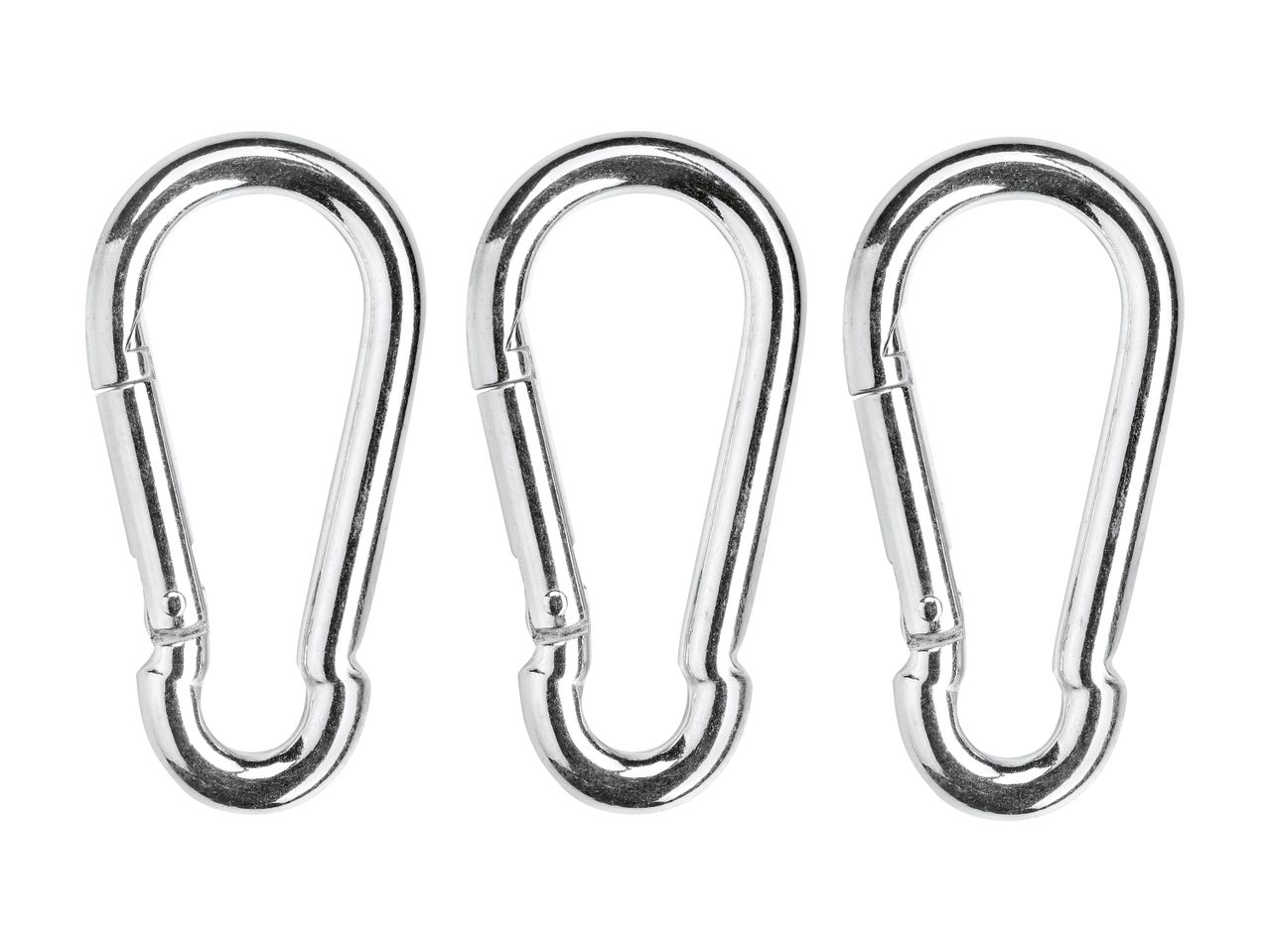 Three silver metal carabiner clips are shown against a white background.