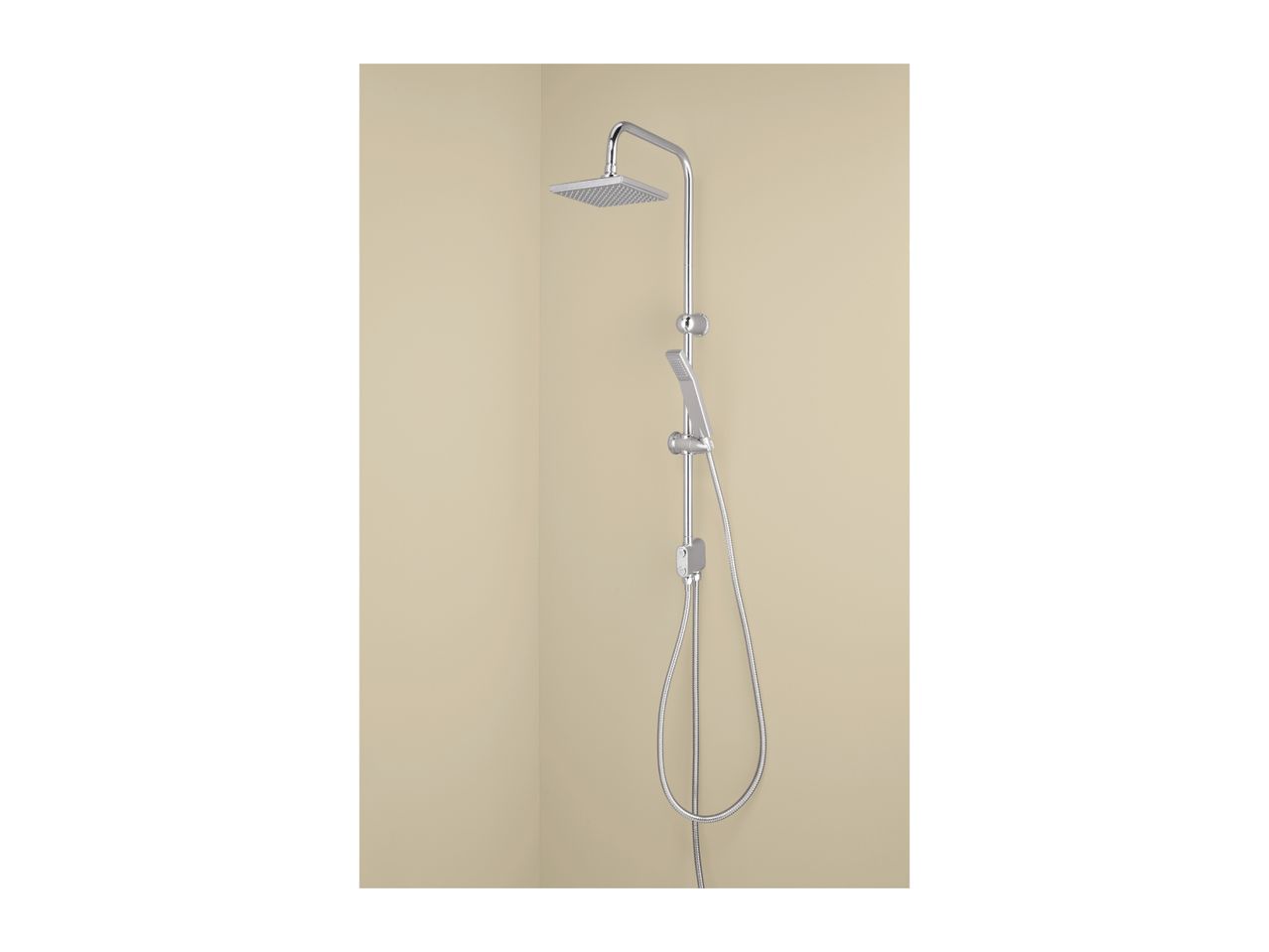 Chrome shower system with a square overhead shower and a handheld shower on a beige wall.