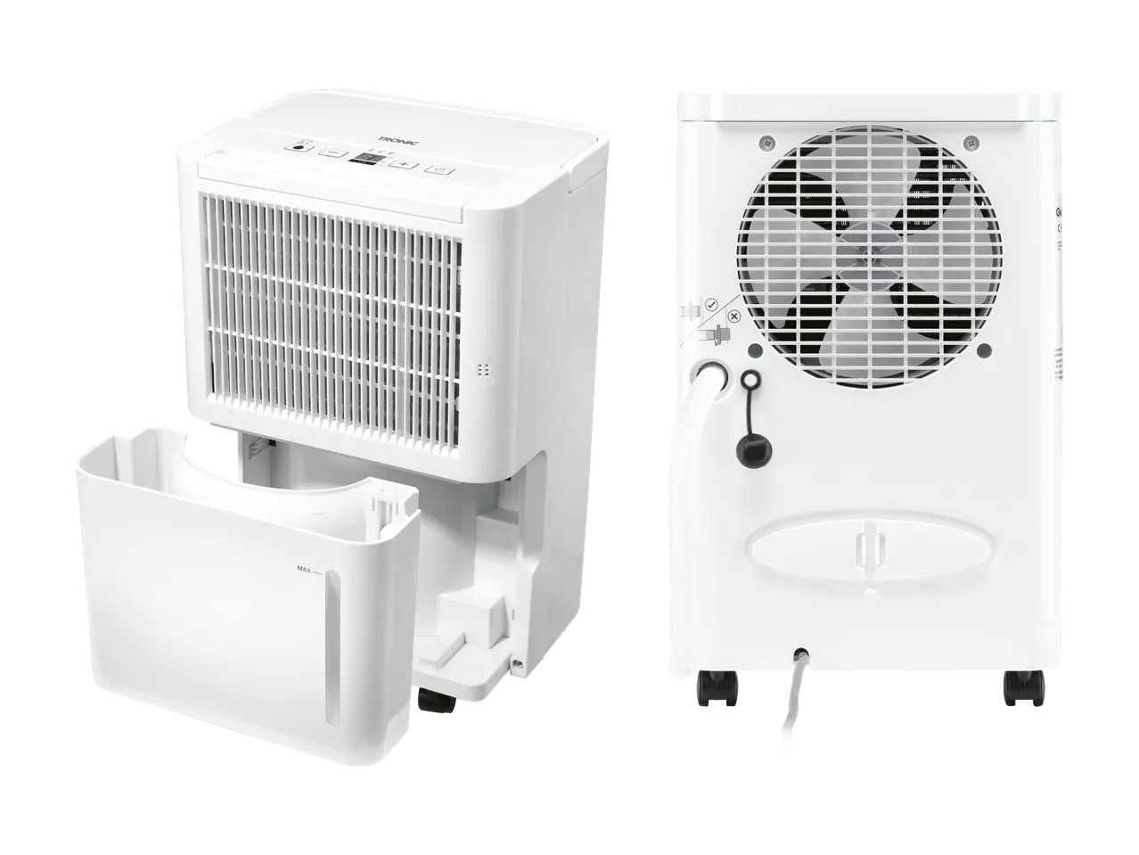 Déshumidificateur blanc avec réservoir d'eau amovible et vue arrière avec ventilateur.