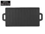 Black cast iron grill plate with handles and a textured surface, featuring the text 'GRILL MEISTER'.