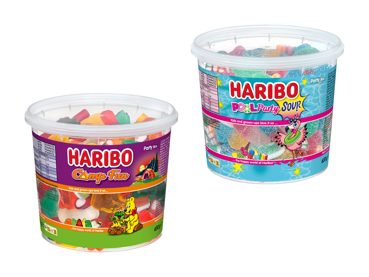 Deux contenants de bonbons gélifiés Haribo, l'un sur le thème du camping et l'autre sur le thème de la fête à la piscine.