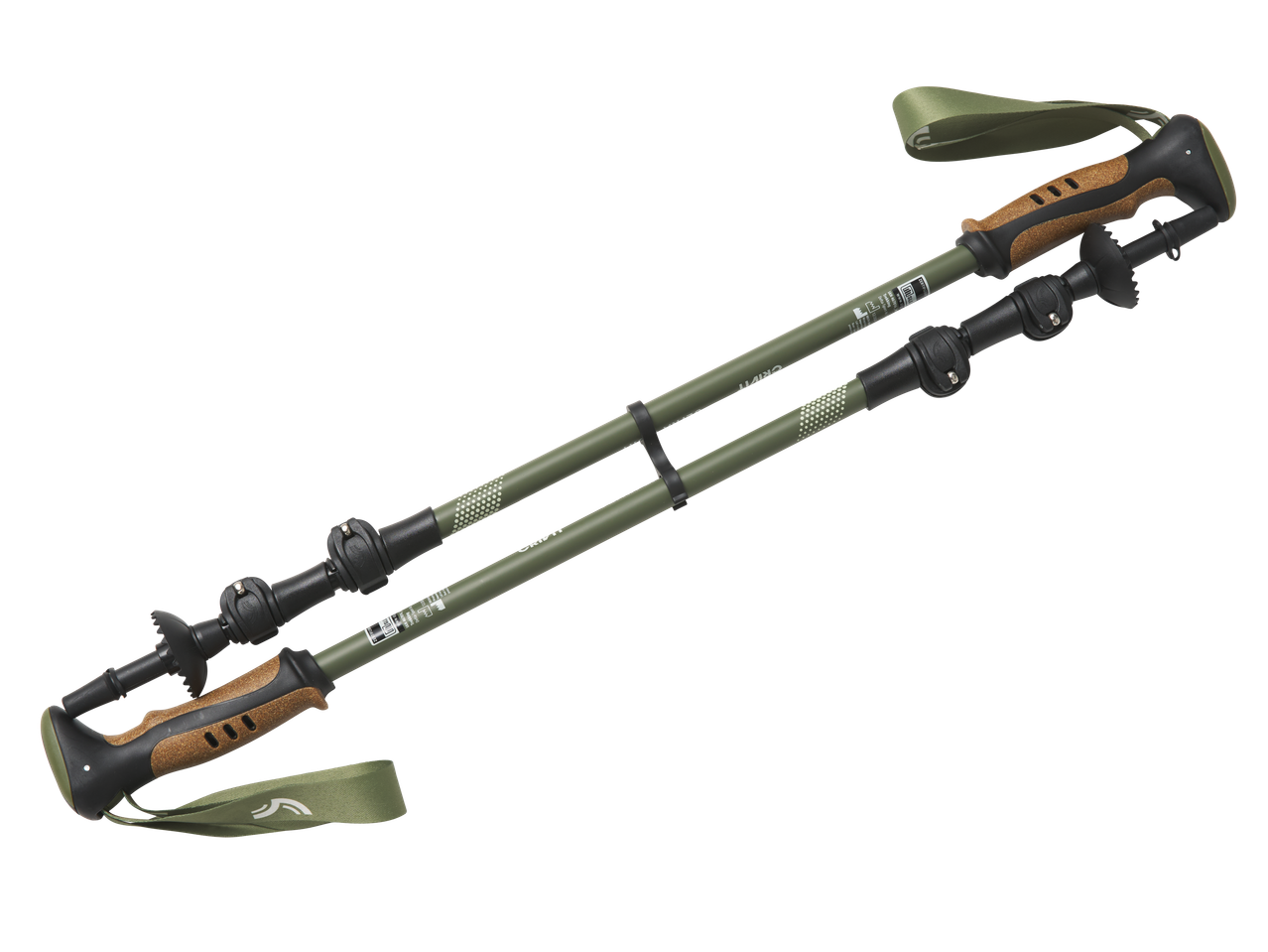 Bastões de trekking CRIVIT de alumínio verdes com pegas de cortiça e alças.