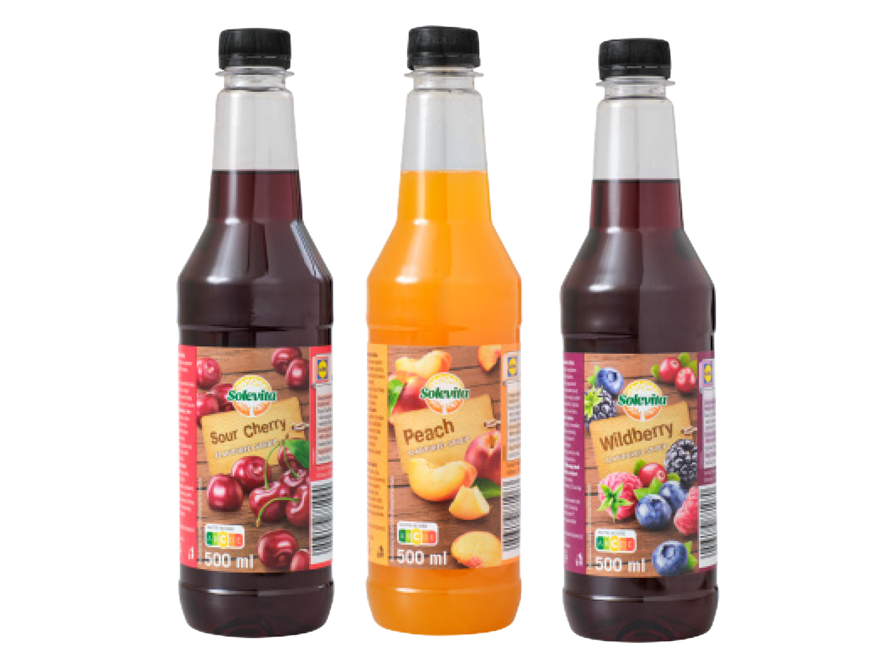Kolm Solevita puuviljasiirupit: hapukirss, virsik ja metsamarjad, igaüks 500 ml.