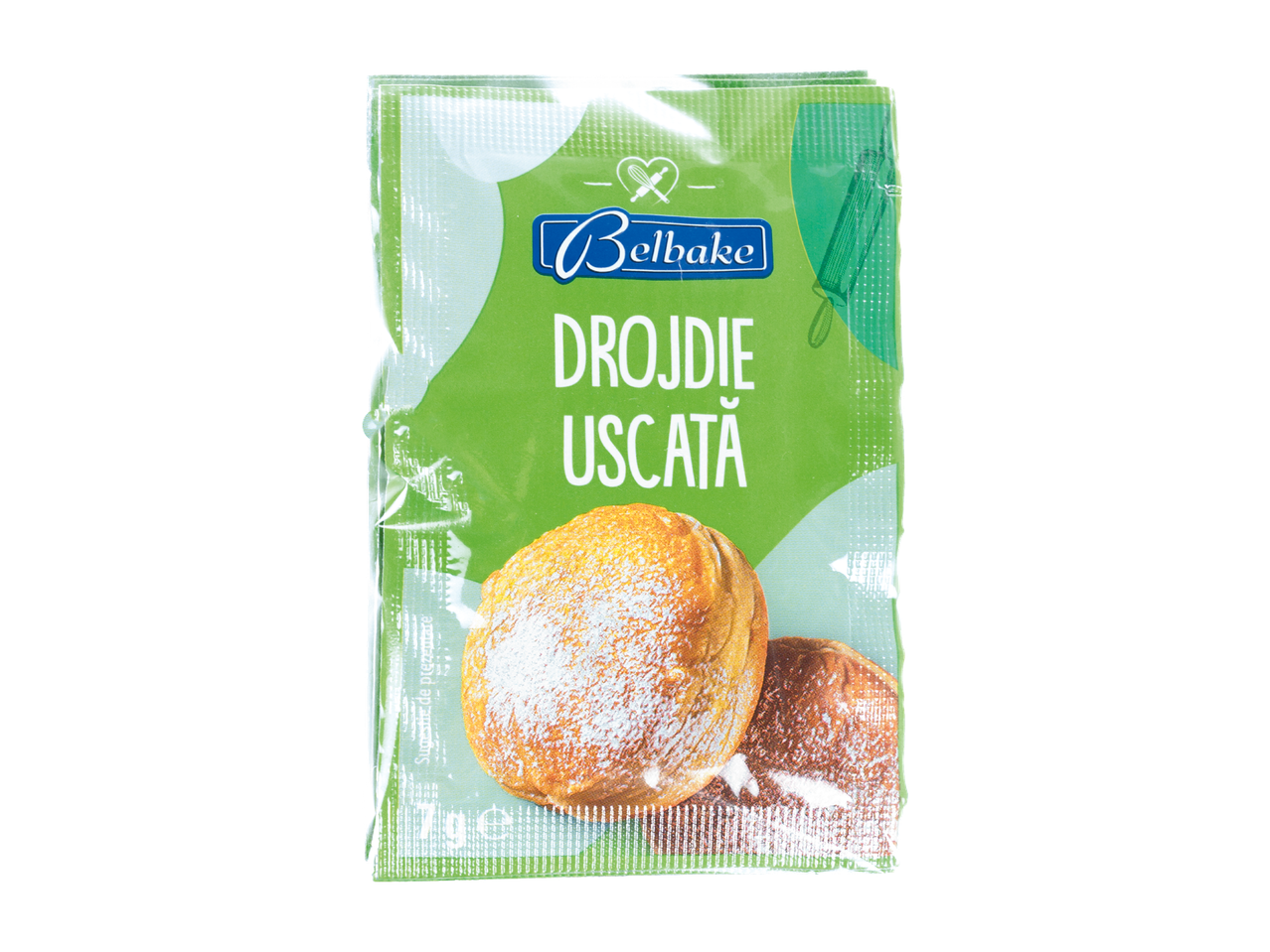 Plic de drojdie uscată Belbake cu produse de patiserie.