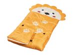 A child's orange lion-shaped sleeping bag with paw prints.