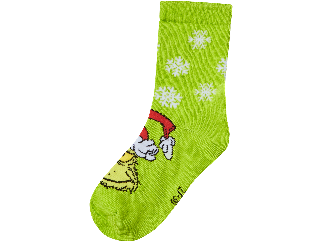 Žalios vaikiškos kojinės su Grinču ir snaigėmis.