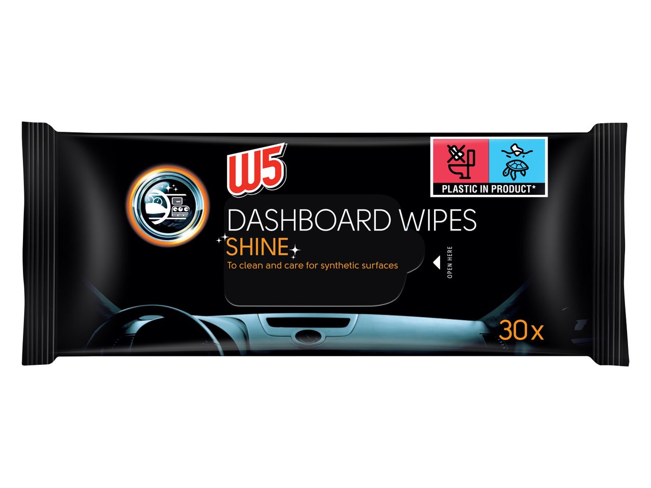 A package of 30 pieces of W5 Dashboard Wipes