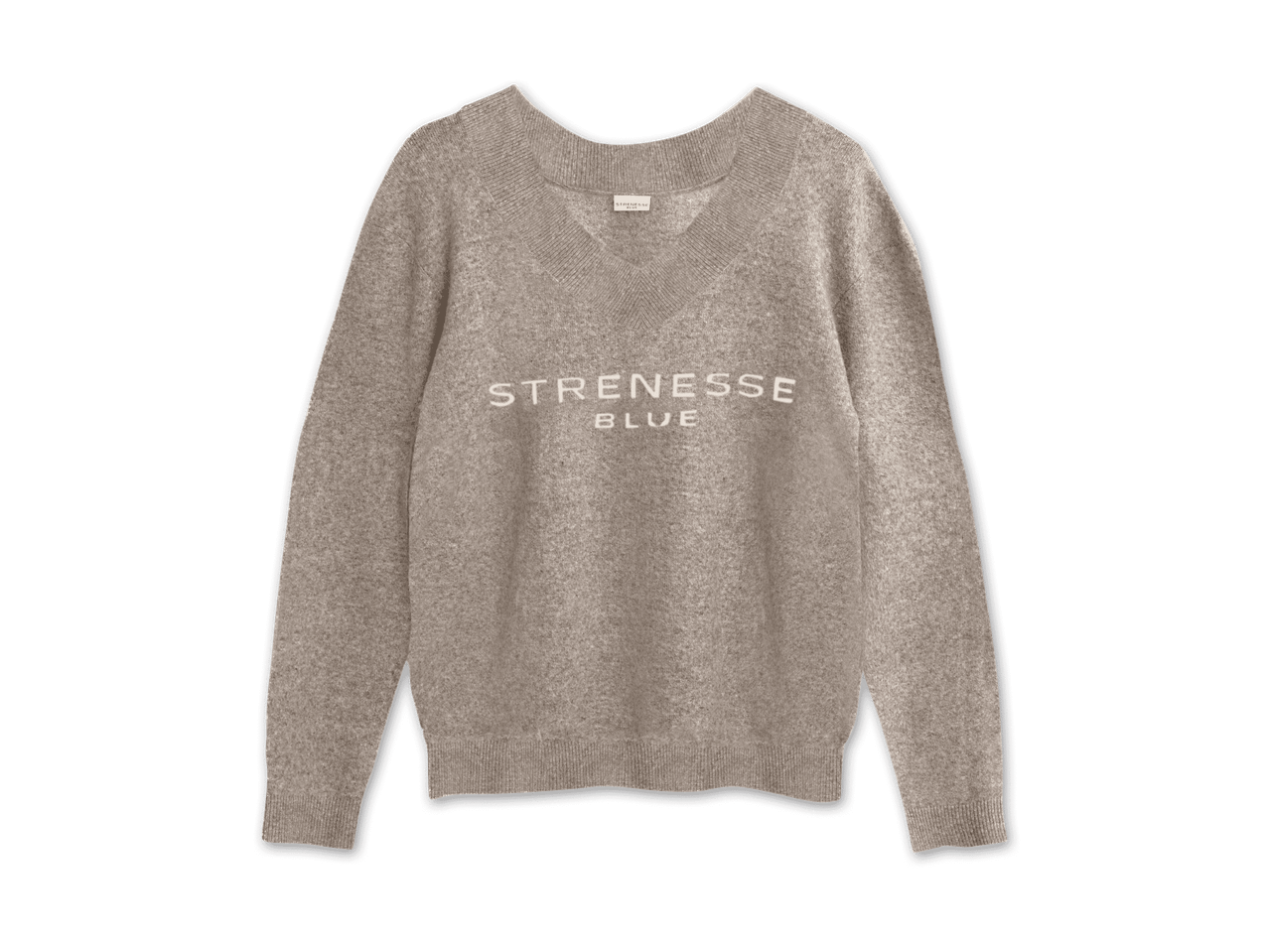 Beiger Strickpullover mit V-Ausschnitt und weißem „STRENESSE BLUE“-Schriftzug