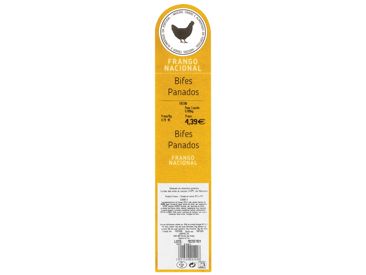 Rótulo de produto para bifes de frango panados da marca Frango Nacional.
