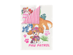 Sengesæt med Skye fra Paw Patrol og dinosaurer, med lyserøde striber og palmeblade.