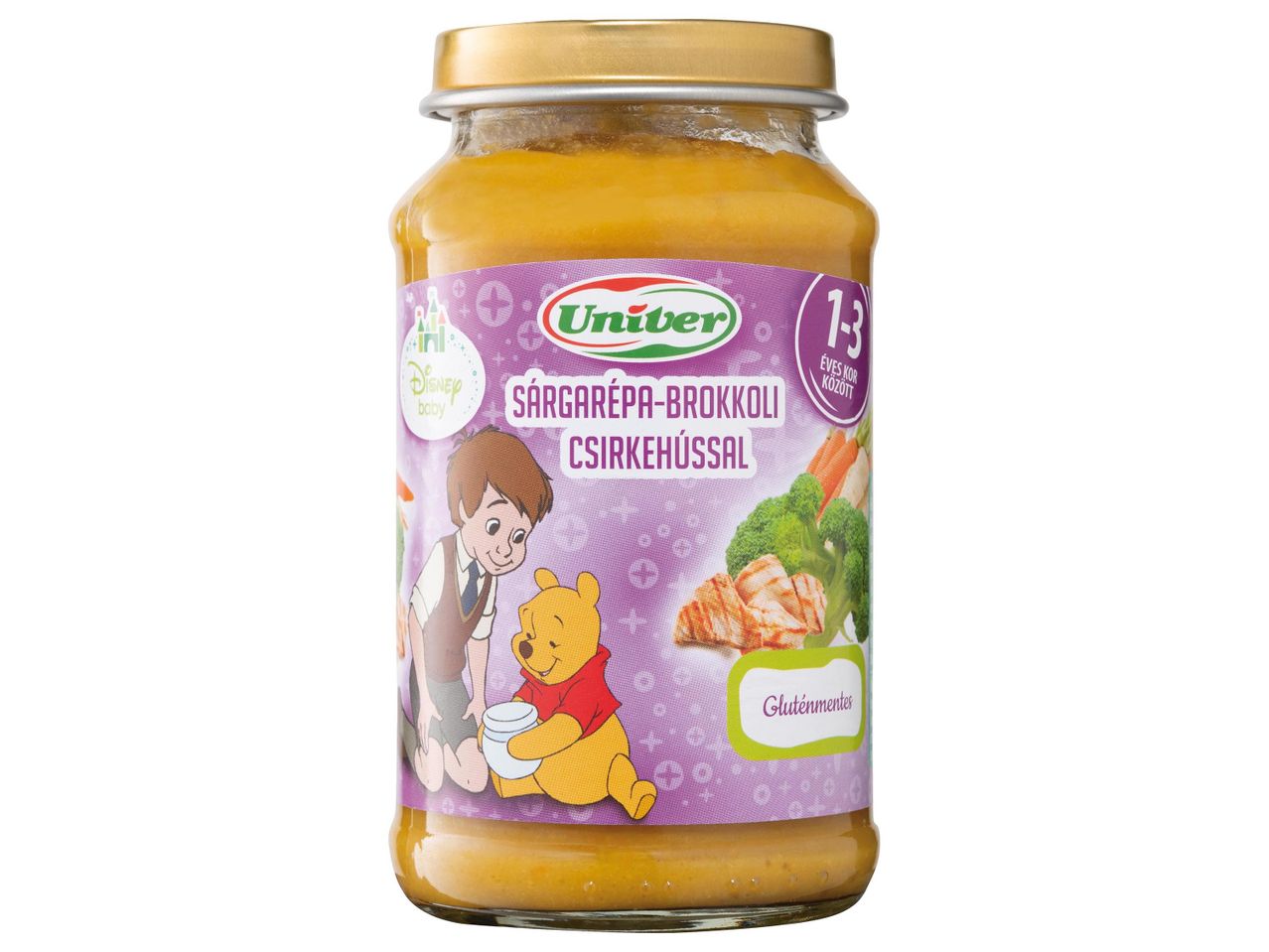 Univer bébiétel: sárgarépa, brokkoli és csirke 1-3 éveseknek, Micimackóval.