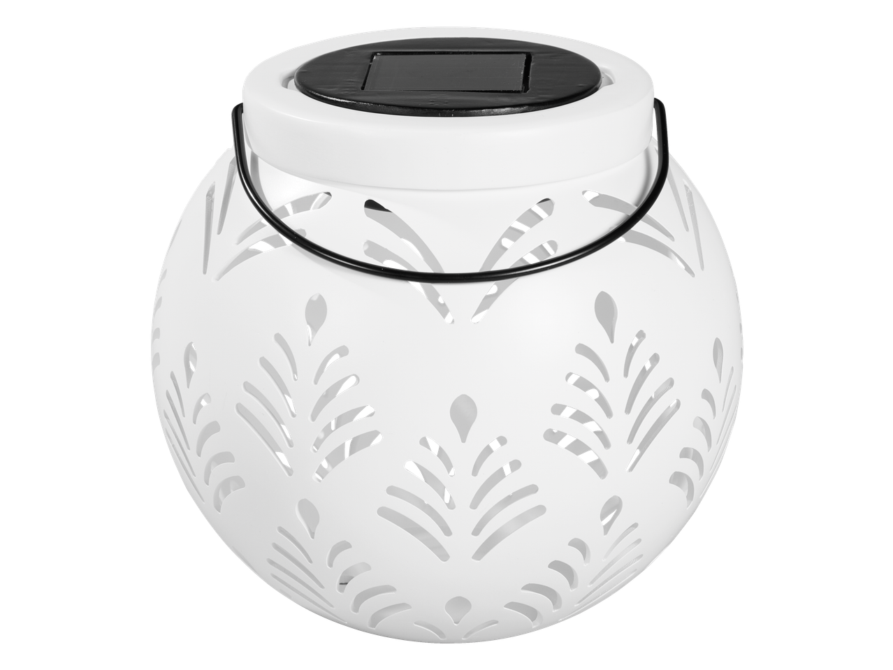 LIVARNO Λευκό σφαιρικό ηλιακό φανάρι με κομμένα σχέδια φύλλων και μαύρη λαβή.