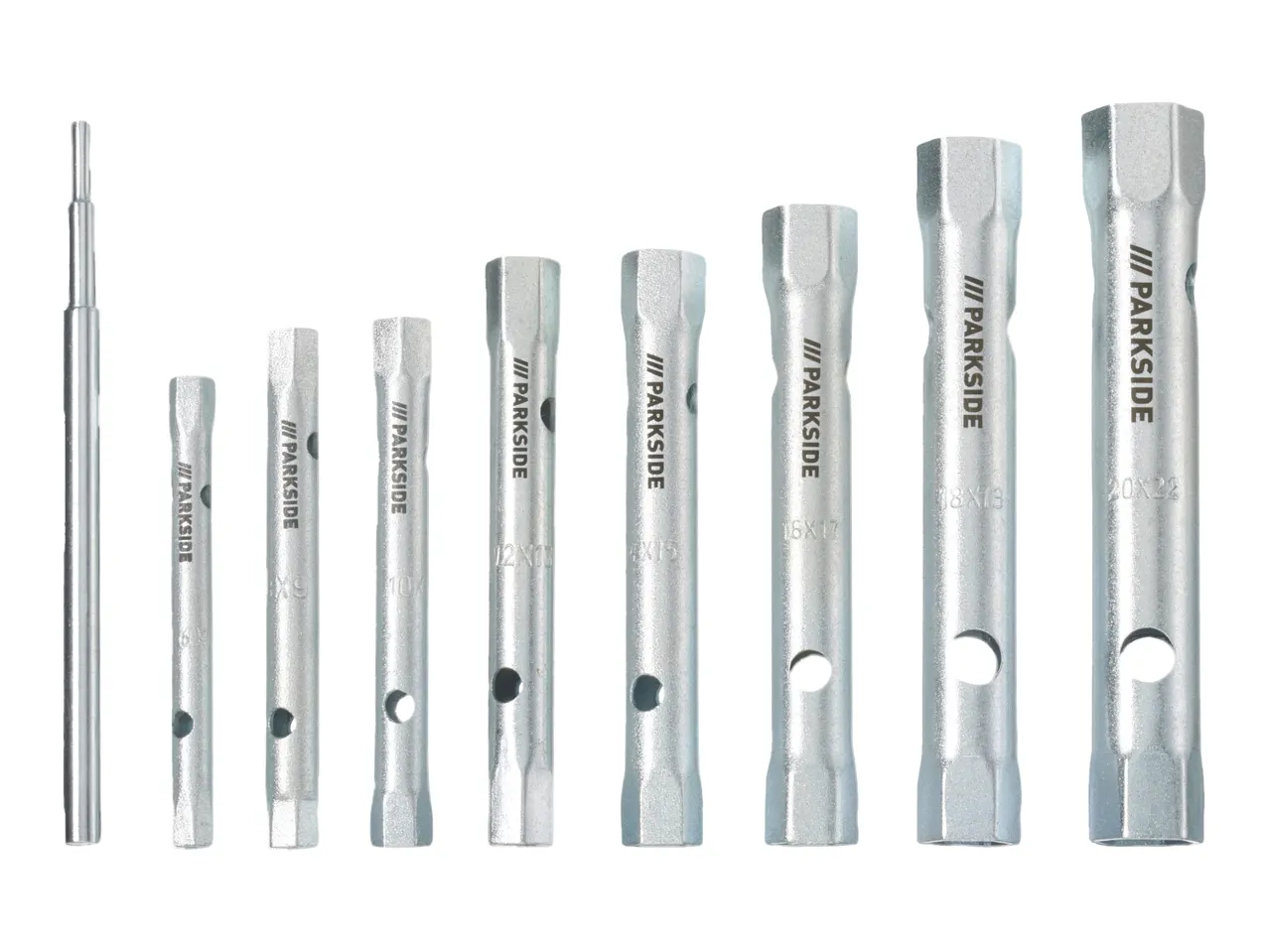 A set of eight silver-colored tubular box wrenches of various sizes, from 6x7 to 20x22, with a separate metal rod.